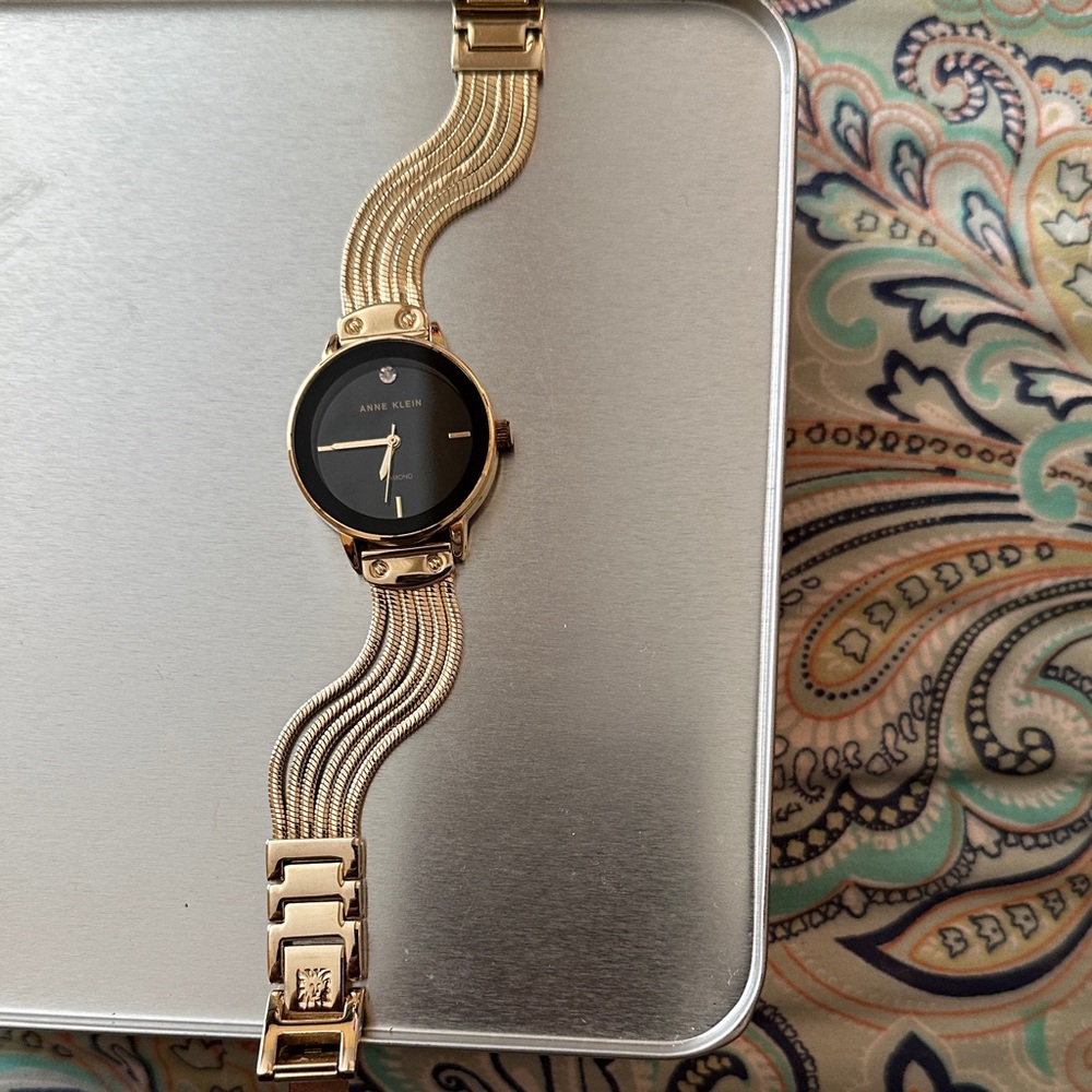 Anne Klein Gold-Tone Bracelet Watch with Black Dial